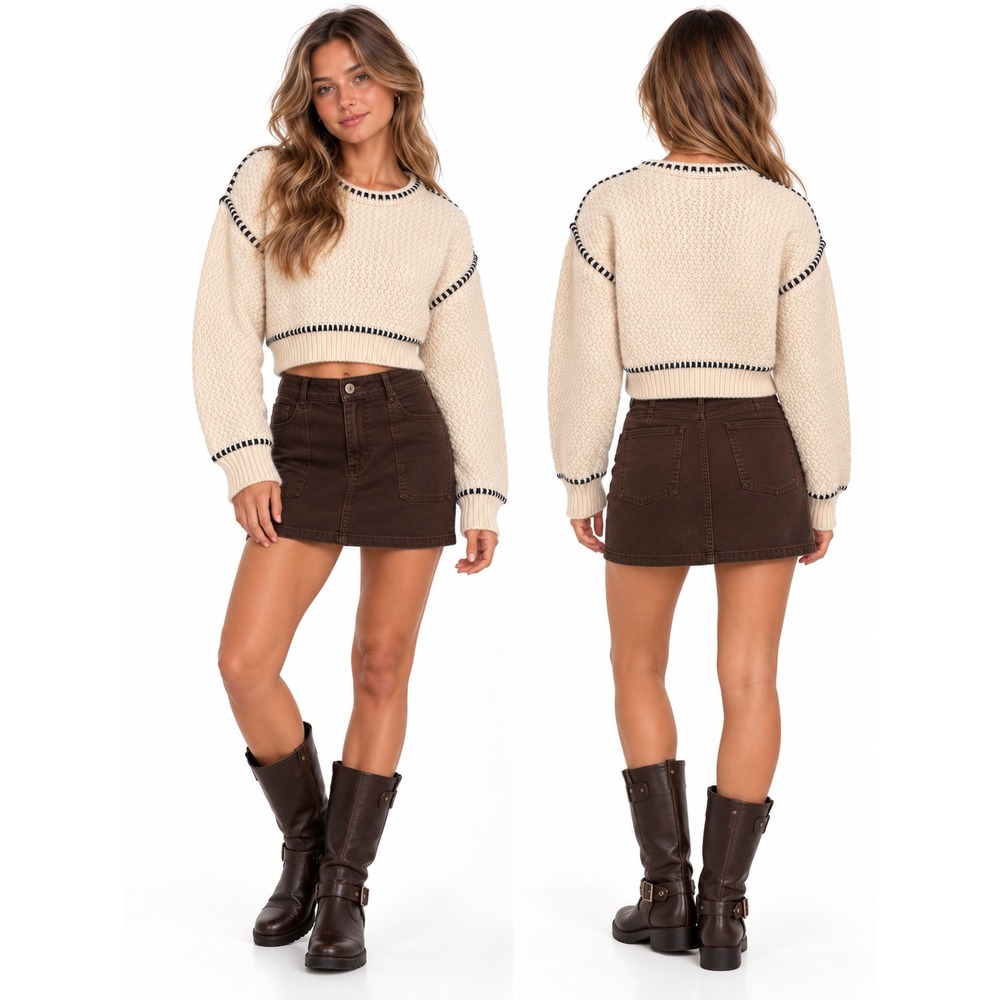 Zara Cropped Knit Sweater Small Cream Contrast Stitch Boho Coastal Grandma